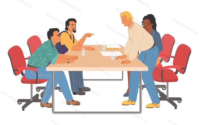 Вектор рабочего конфликта. Персонажи-спорящие коллеги, сидящие за столом и ведущие агрессивную ссору. Иллюстрация. Конфронтация деловых партнеров, токсичные отношения в команде