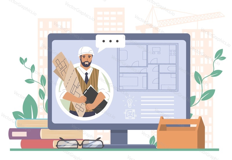 Home apartment renovation and house repair vector. Online service. Professional repairman work on flat interior project. Cartoon computer screen with constructor or builder illustration