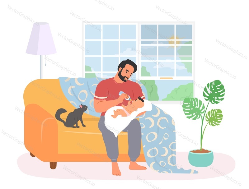 Father feeding newborn baby with bottled milk vector. Cartoon man holding infant child sitting on sofa at home illustration. Fatherhood and paternity. Young dad spending time with child