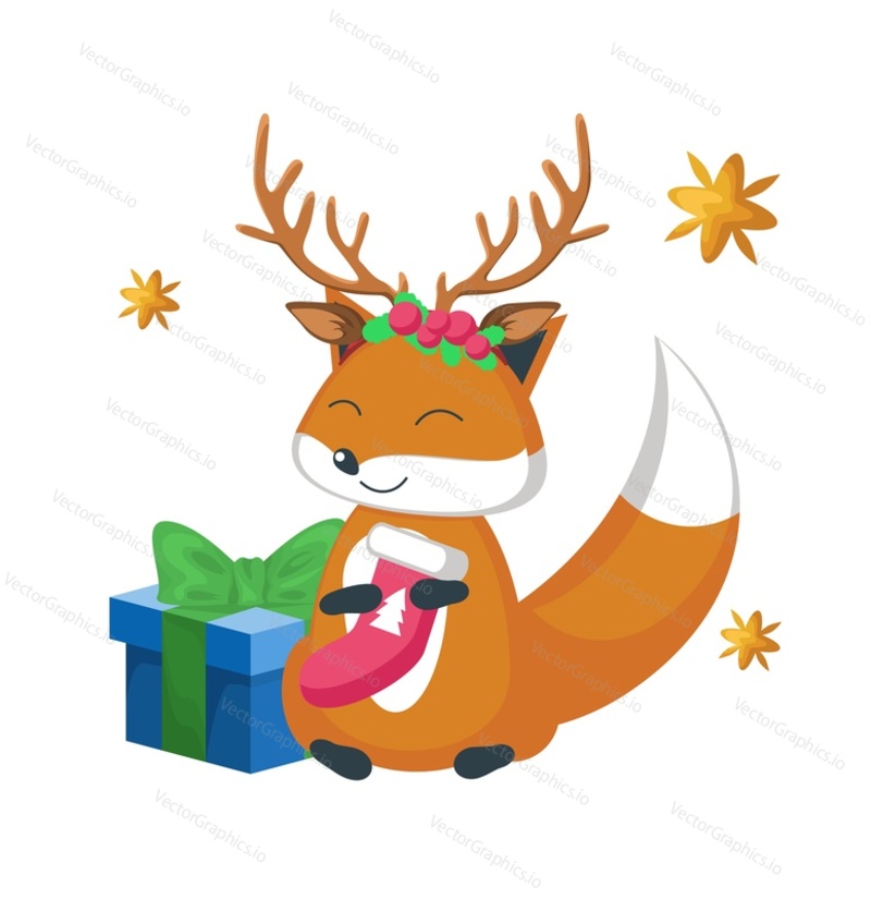 Векторная иллюстрация мультфильма с изображением милой рождественской лисы. Дизайн поздравительной открытки с зимними праздниками для поздравления с Рождеством и новым годом. Нарисованный персонаж с оленьими рогами и повязкой из омелы на голове