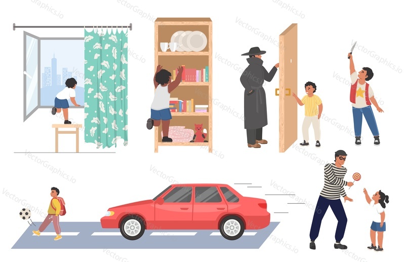 Children danger situation vector. Baby kid risk on road or at home isolated set. Playing near window, on highway and with knife, talking with danger person