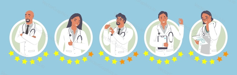 Doctor rating vector. Set of medical service satisfaction review, online survey and patient feedback. Physician star rate score. Medical specialist virtual portfolio and qualification ranking