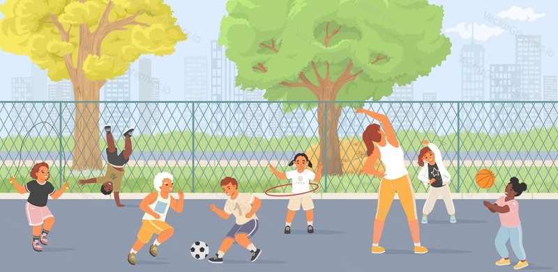 Children at school playground vector illustration. Sport activity and leisure games in park. Teacher play with kids, boys and girls doing physical exercises, kicking ball, jumping on rope