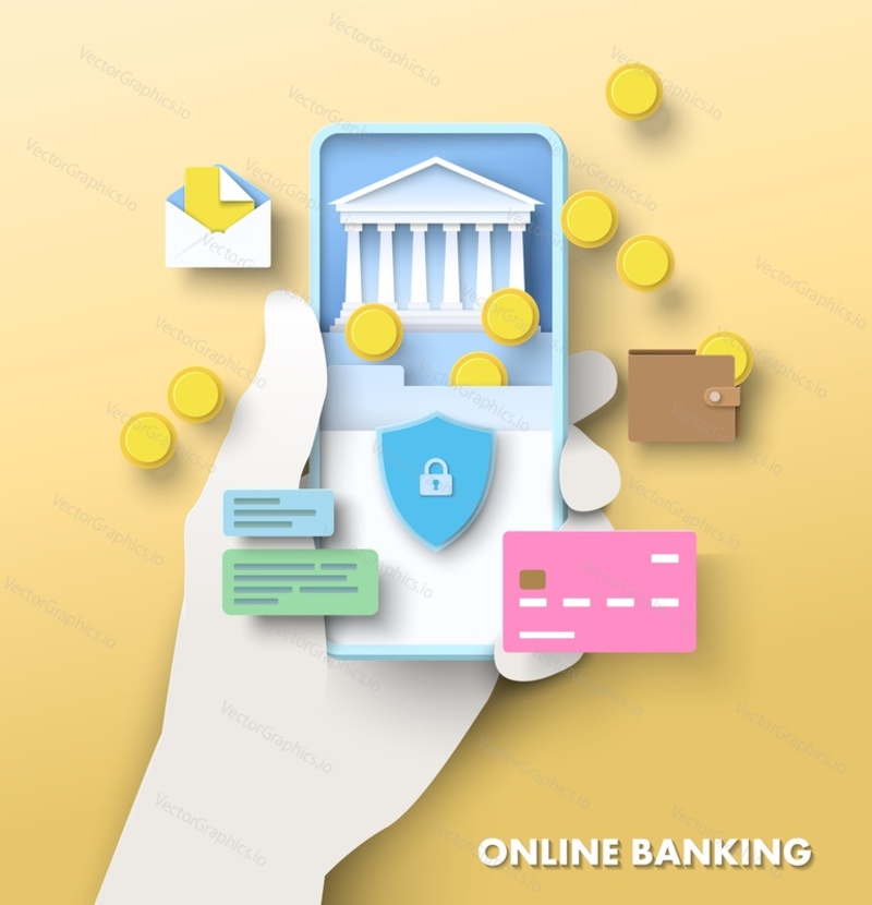 Online banking mobile application. Secure access and personal financial data protection. Phone in hand with digital money, wallet, plastic debit or credit card design