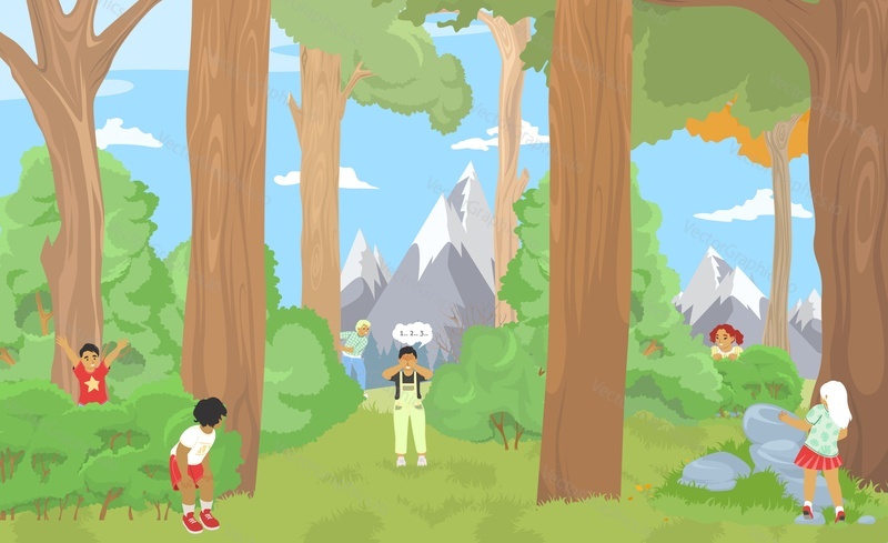 Little kids playing hide and seek game in forest vector illustration. Cartoon children summer vacation activity in mountain camp