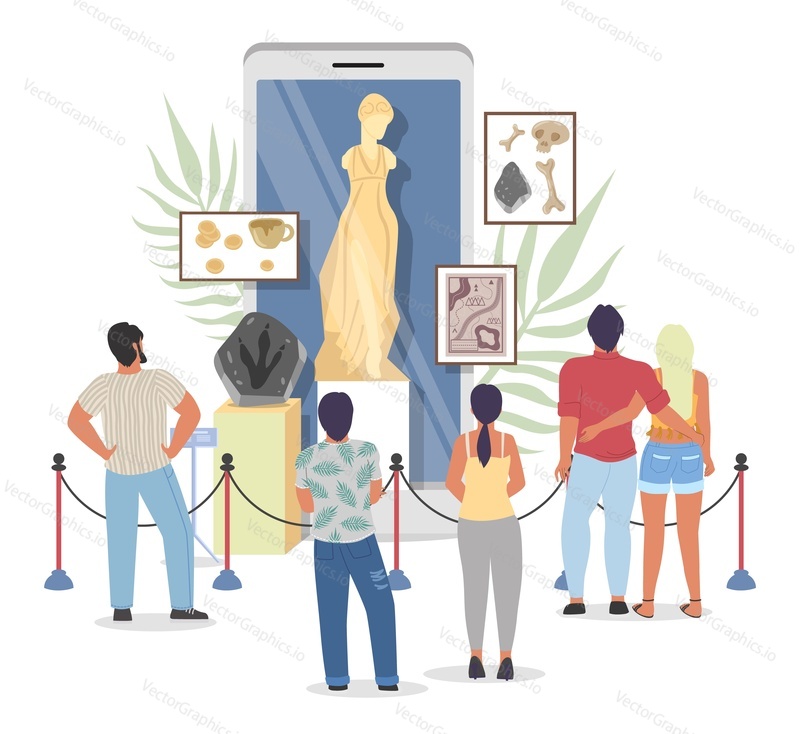 Online museum vector. Virtual gallery with digital exhibition, art tour. Mobile screen with history excursion on internet. Interactive phone app for tourist