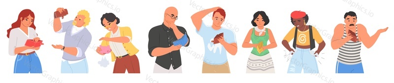 People holding empty wallets isolated vector set. Poor men and women have no money suffering from financial problems, poverty and bankruptcy illustration
