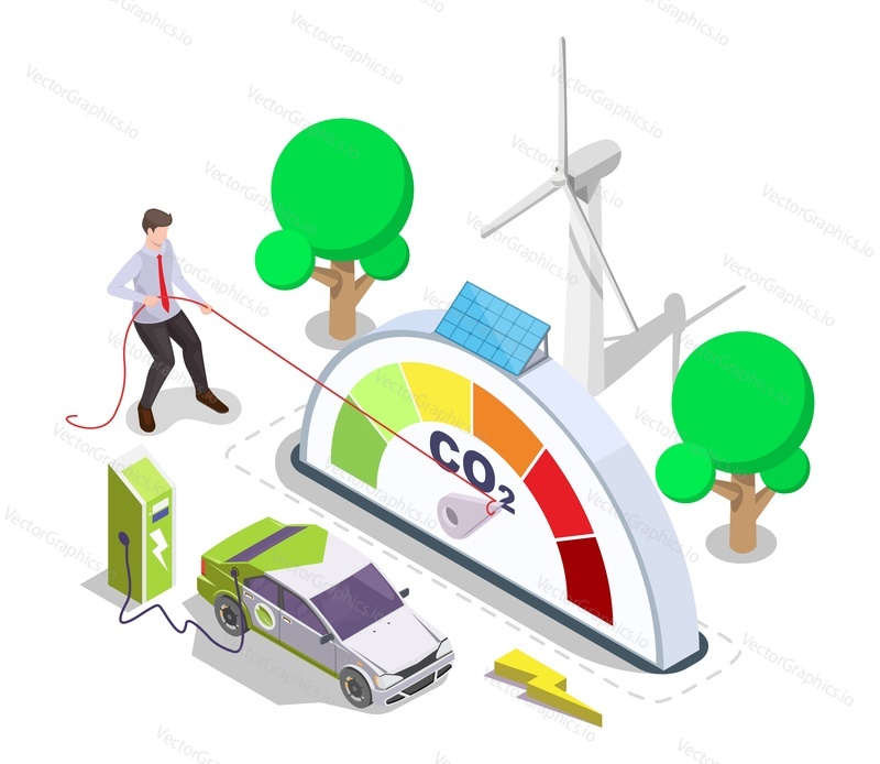 Reduce carbon dioxide emission by alternative energy vector. Using green fuel and environmental pure air preservation concept. Man controlling CO2 level on gauge design