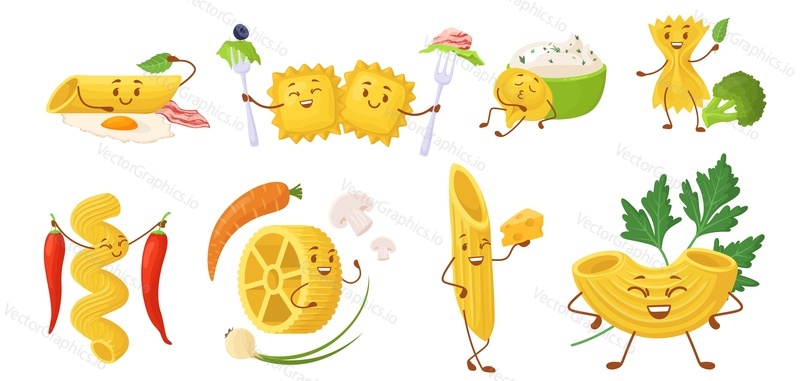 Pasta character vector. Cute funny noodle and macaroni isolated set. Happy spaghetti doodle food with comic expression, healthy italian product with different emotion on white background