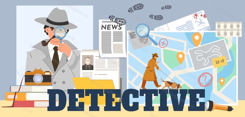 Detective agency flat vector poster. Professional crime investigation and solve. Evidence collection, criminal map and newspapers notes illustration