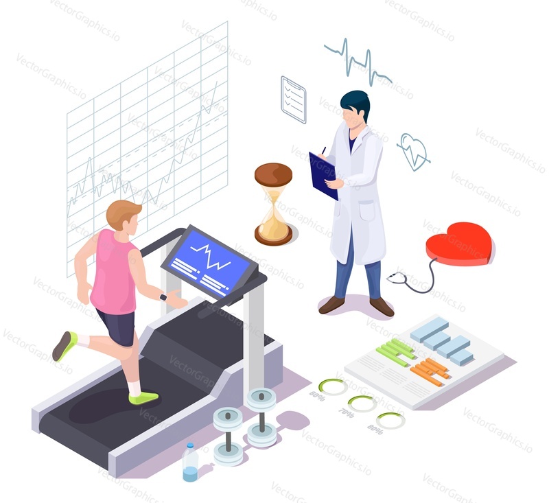 Cardio control vector illustration. Patient training cardiovascular system running on treadmill while doctor monitoring healthcare indicators. Cardiology and medicine concept