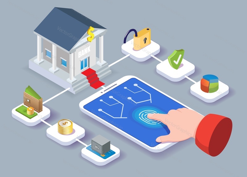 Secure online mobile payment vector illustration. Fingerprint access to internet banking service for financial transaction