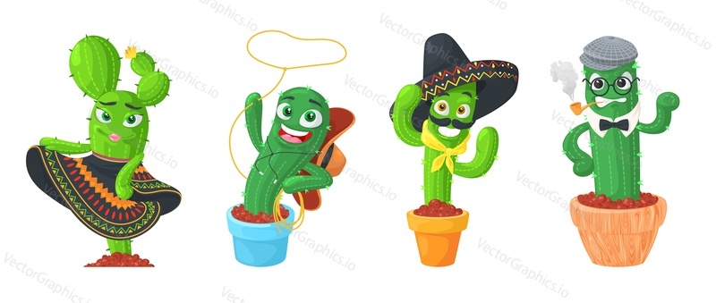 Cute cactus vector illustration. Cartoon garden flower plant set. Happy funny kawaii succulent character isolated on white background. Doodle flowerpot design. Tropical smiling emoji