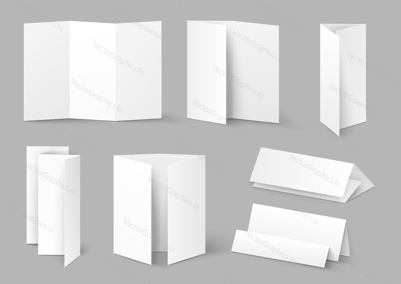 Blank folded paper sheet isolated vector set. Realistic white leaflet design template. Empty folding brochure page with copy space