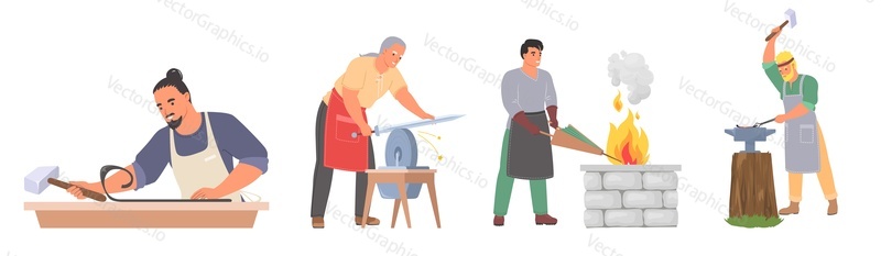 Blacksmith working on anvil vector. Medieval man using hammer doing craft work at forge illustration. Master forging at historic workshop scene set. Craftsman occupation and metalwork