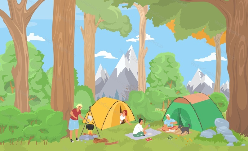 Лагерь друзей в лесу векторная иллюстрация. Мультяшный туристический летний палаточный лагерь с отдыхающими людьми. Туризм на природе и в горном кемпинге
