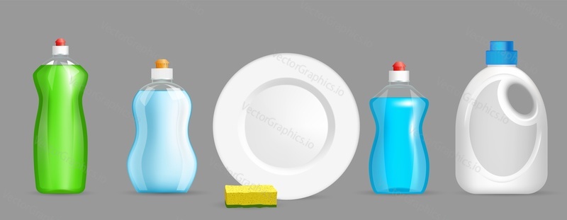 Набор векторных бутылок с жидким мылом для мытья посуды. Пластиковая упаковка с гелевым очистителем, губкой и дизайном чистой тарелки. Концепция брендинга и рекламы