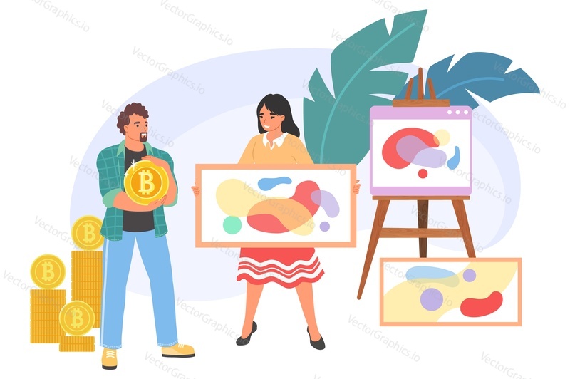 Digital nft art auction flat vector illustration. Non-fungible token market, non-interchangeable unit selling and buying. Man and woman make deal. Blockchain, bitcoin cryptocurrency and digital craft