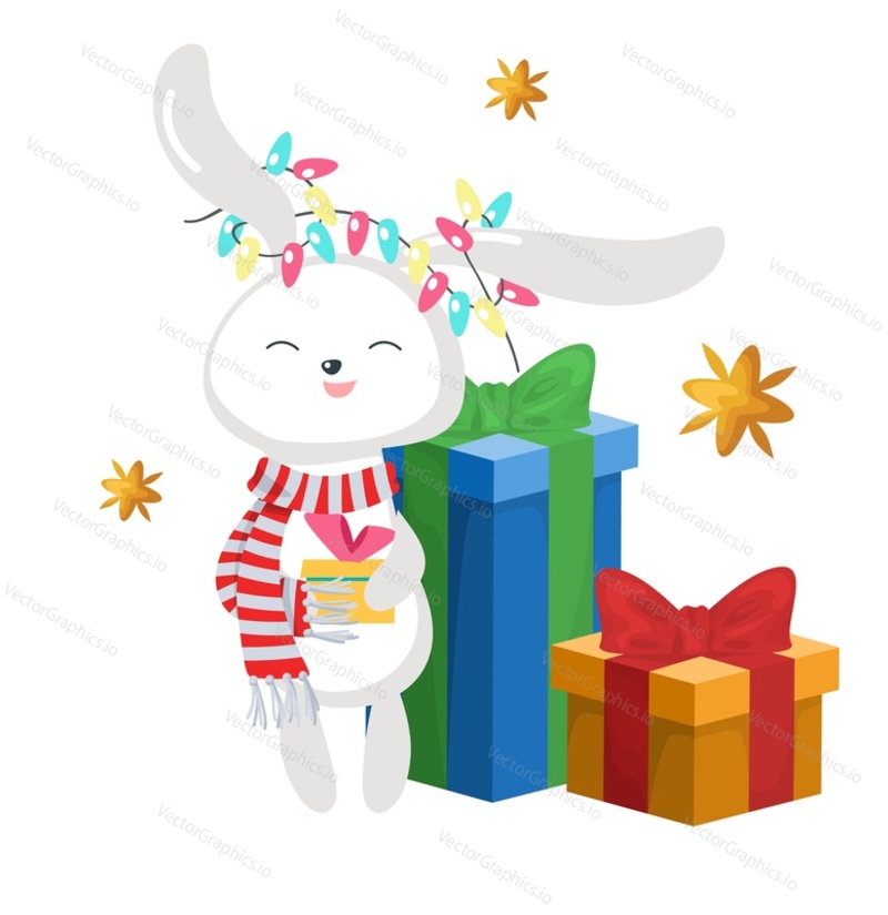 Векторный милый рождественский кролик. Мультяшная открытка со счастливым зимним персонажем. Счастливого празднования праздника. Поздравительная открытка на Рождество и новый год. Нарисованный заяц в гирлянде стоит рядом с подарочной коробкой