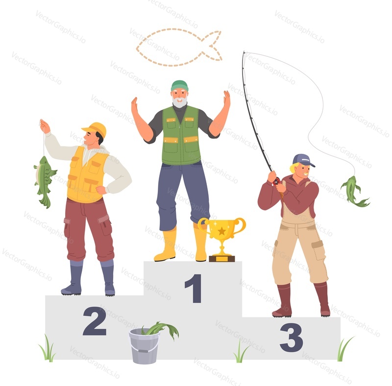 Fishers competition vector illustration. Fisherman holding prize sport trophy award. Winner achievement at fishing event. Hobby and championship tournament