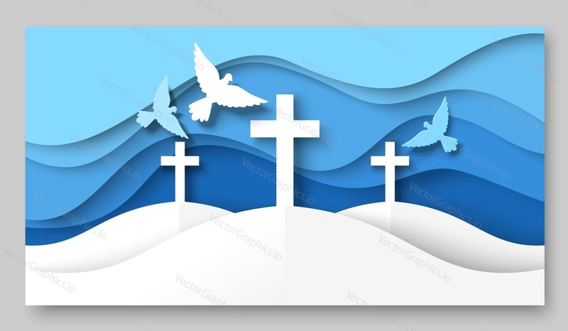 Vector cross christian symbol and flying pigeon illustration. Silhouette of dove bird in heaven over graveyard3d paper cut decorative background. Faith, hope and charity concept