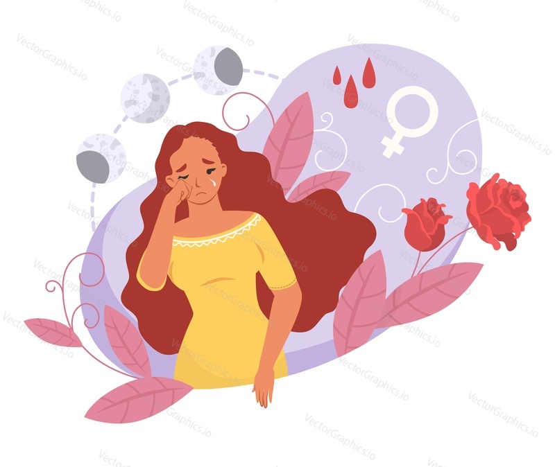 Плачущая женщина с проблемой предменструального синдрома векторная иллюстрация. Девушка, страдающая депрессией и эмоциональным стрессом, страдающая симптомами пмс. Концепция гинекологии и гигиены