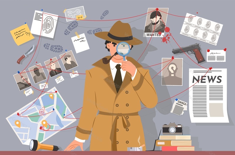 Detective with magnifying glass in office standing over criminal map board with pins and evidence vector illustration. Cops plan for solve the crime