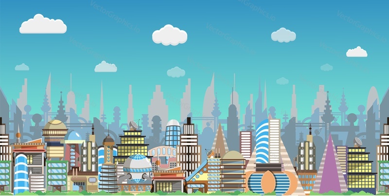 Бесшовный вектор будущего города. Городской пейзаж со зданием. Современный городской пейзаж на фоне горизонта. Сцена с небоскребом. Промышленная панорама. Иллюстрация футуристического города