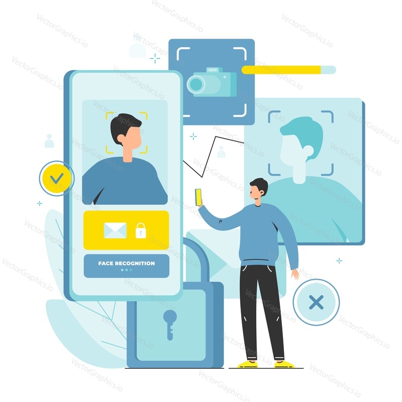 Face recognition vector. Facial scanner illustration. Biometric identification system for data security access. Man using mobile app authentication technology illustration