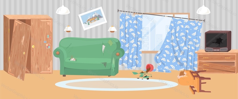 Broken furniture in abandoned living room vector dirty interior. Neglected apartment with cracked sofa, chair and wardrobe, shattered vase and television. Deserted home cartoon illustration