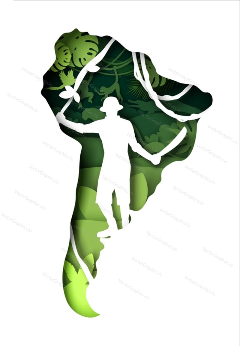 Векторный плакат, вырезанный из бумаги в джунглях Южной Америки, с изображением зеленого дерева тропического леса и силуэта путешественника. Открытия, исследования, пешие походы, приключенческий туризм и концепция путешествий