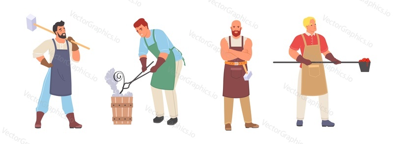 Blacksmith character at medieval forge vector cartoon set. Master smith in apron working on hot iron, coal using hammer illustration. Ancient historic person at workshop isolated on white background