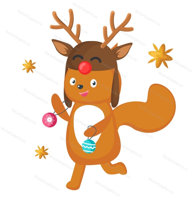 Vector cute Christmas squirrel. Cartoon happy forest animal character wearing reindeer headband holding ornament balls for fir tree decoration. Greeting card for winter holiday