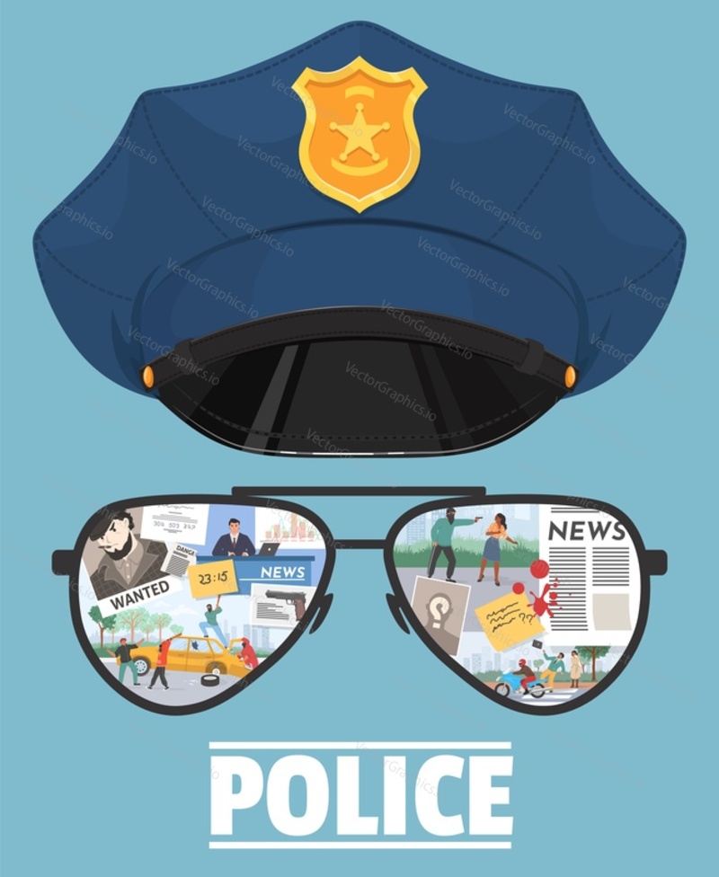 Police vector. Corps law enforcement flat poster illustration. Property protection and civil disorders service. Policeman cap and eyeglasses with policeman news reflection