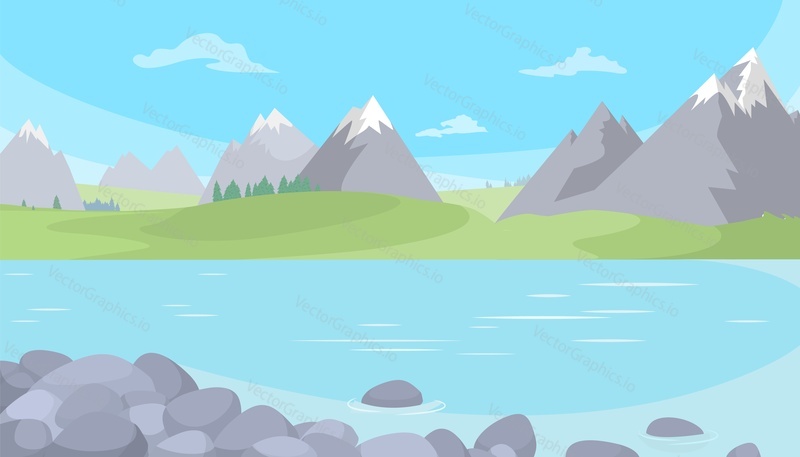 Сцена на горной реке. Равнинный пейзаж со скалами и водным потоком. Векторный фон природы. Красивая мультяшная панорама весны или лета в высокогорье