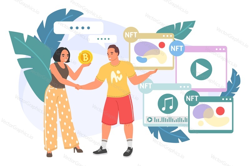 Woman buying nft art with bitcoin vector. Man artist offering crypto assets for auction illustration. Blockchain, bitcoin cryptocurrency and digital art