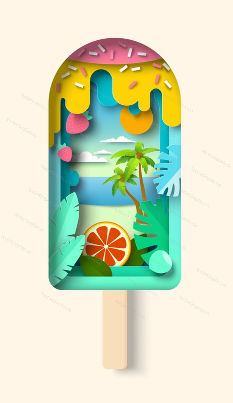 Вектор мороженого. Дизайн, вырезанный из бумаги. Летняя еда в стиле пляжного десерта. Символ отпуска и путешествия. Холодное замороженное сладкое блюдо. Поделка оригами