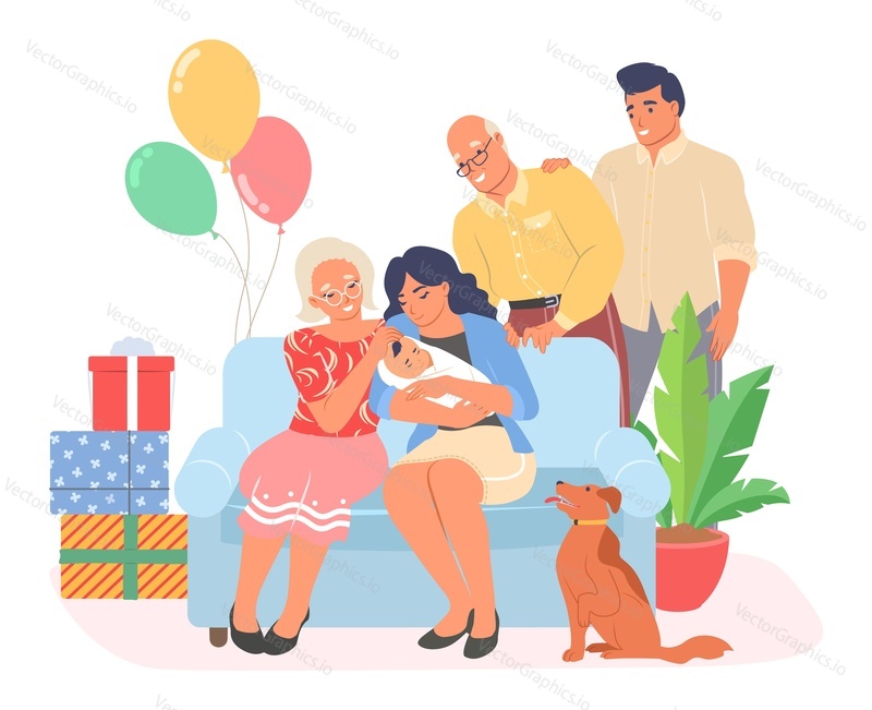 Newborn and mother day celebration. Young family celebrating childbirth vector flat scene. Parent and grandparent care of infant kid illustration. Maternity holiday and parenthood concept