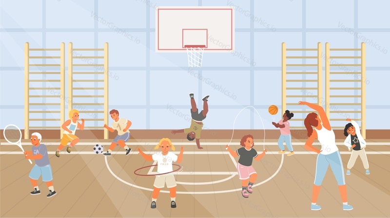 Cartoon children at school sport gym vector illustration. Sportive activity leisure games indoors. Teacher training with kids, boys and girls doing physical exercises, kicking ball, jumping on rope