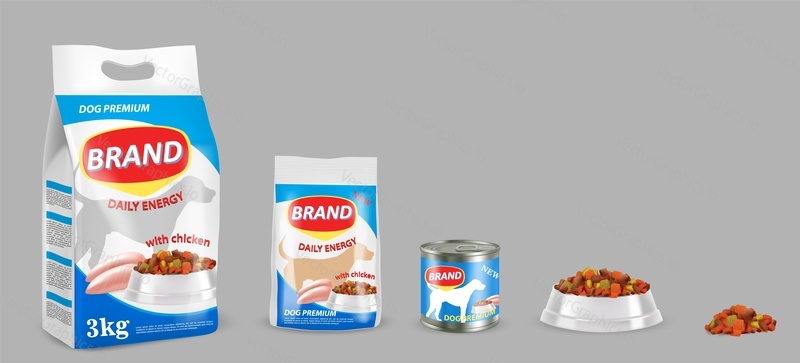 Корм для собак в упаковке и миске с векторной реалистичной иллюстрацией. Бумажный пакет, жестяная банка и блюдо с едой для щенка. Элемент дизайна рекламы бренда