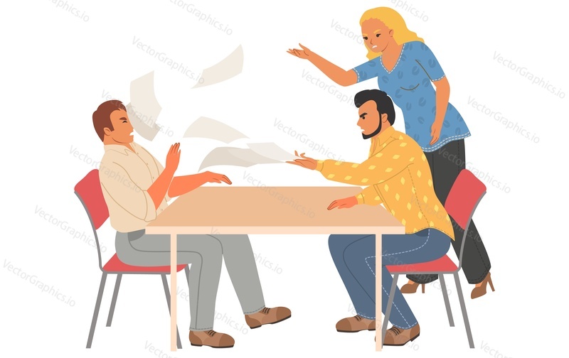 Work conflict flat vector. Cartoon angry coworkers throwing paper document into executive manager sitting at table illustration. Aggressive quarrel, disagreement confrontation of business colleagues
