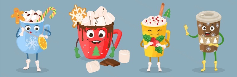 Cute hot winter drink character vector set. Happy smiling kawaii holiday tea, cacao or melted chocolate with marshmallow in glass, cup or mug isolated illustration. Different seasonal sweet cocktail