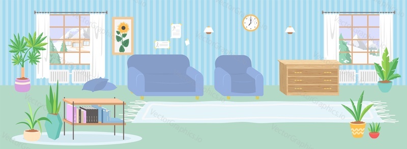 Векторный дизайн квартиры в гостиной. Иллюстрация домашнего интерьера. Мебель в уютной комнате с картинами и часами на стене. Зона отдыха в доме. Комфортабельная квартира для проживания