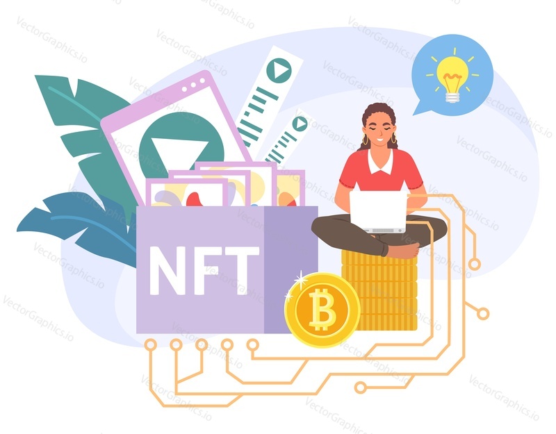 Woman nft artist portrait flat vector illustration. Girl having idea creating crypto art assets for auction selling. Blockchain, bitcoin cryptocurrency and digital market concept