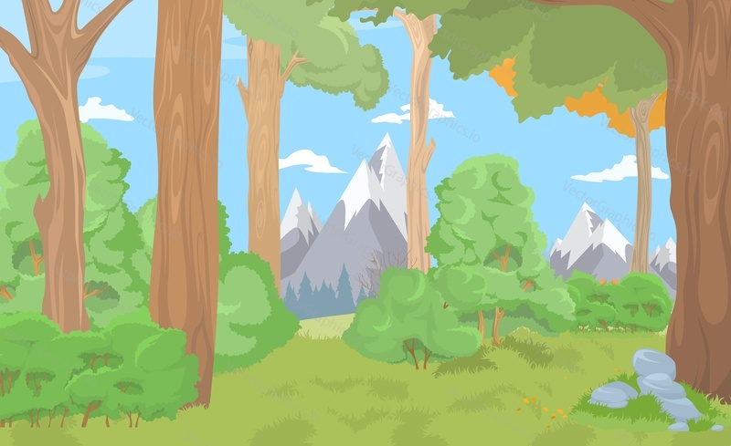 Mountain forest cartoon nature vector background. Green grasslands meadow with trees and bushes. Beautiful landscape illustration