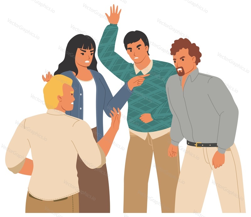 Group conflict vector illustration. Angry people arguing and fighting. Aggressive man and woman business team having dispute and discussion feeling negative emotion