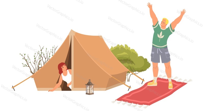 Camping vector. Happy couple enjoy weekend time together outdoors on nature. Man and woman rest in tent camp. Young female peeking out of night shelter while male doing morning physical exercise
