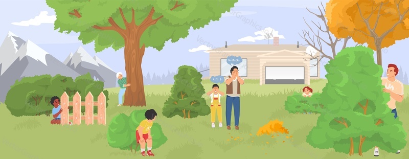 Дети и родители играют в прятки в саду векторная иллюстрация. Счастливая семья, проводящая время вместе, подглядывая, высматривая, обыскивая друг друга