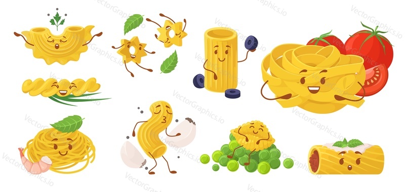 Забавный набор символов для макарон. Симпатичный вектор смайликов с лапшой. Иллюстрация персонажа итальянского продукта 