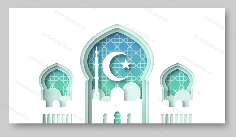 Рамадан Карим 3d вектор. Религиозный фон, вырезанный из бумаги, с исламской мечетью, символом звезды, луны и полумесяца. Декоративный узор к арабскому религиозному празднику в ремесленном стиле